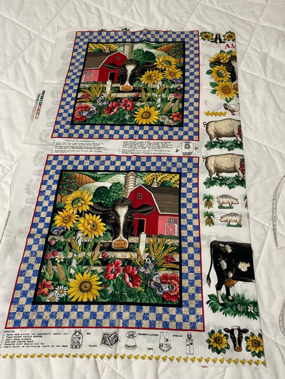 Vintage Farmyard Cow Panel Fabric with Sunflowers Joan Kessler